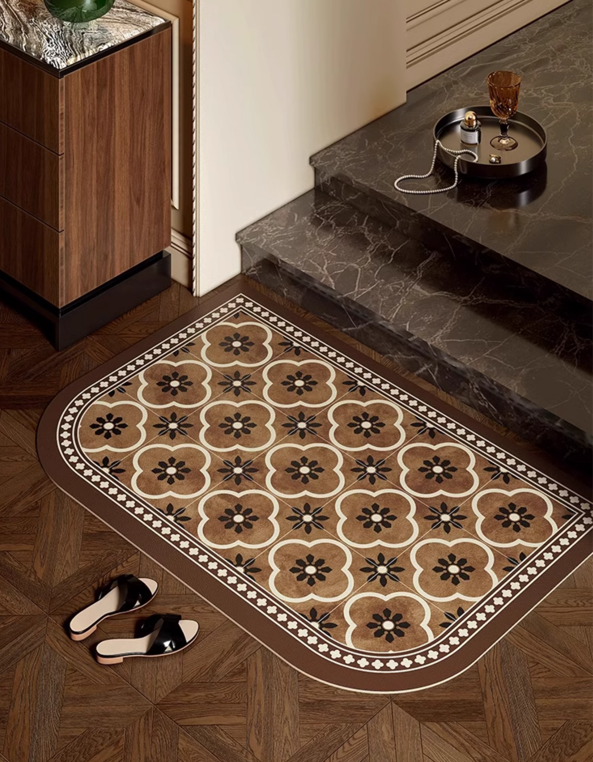 Classic Quatrefoil Door Mat featuring an elegant vintage tile pattern in rich brown hues.