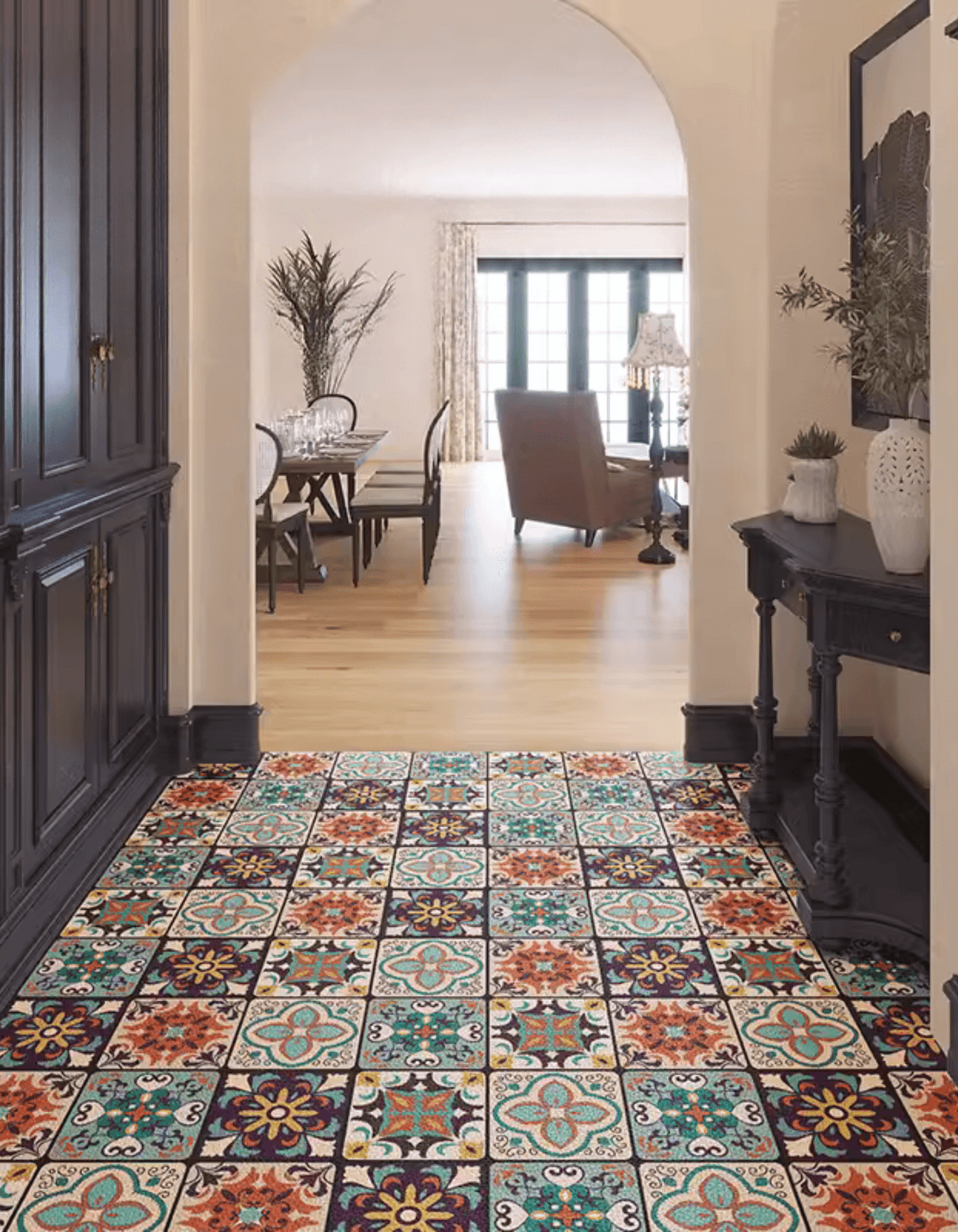 Moroccan Tile Door Mat transforms your entrance with its geometric floral details. Make a statement with this stunning entryway welcome mat.