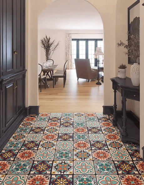 Moroccan Tile Door Mat transforms your entrance with its geometric floral details. Make a statement with this stunning entryway welcome mat.