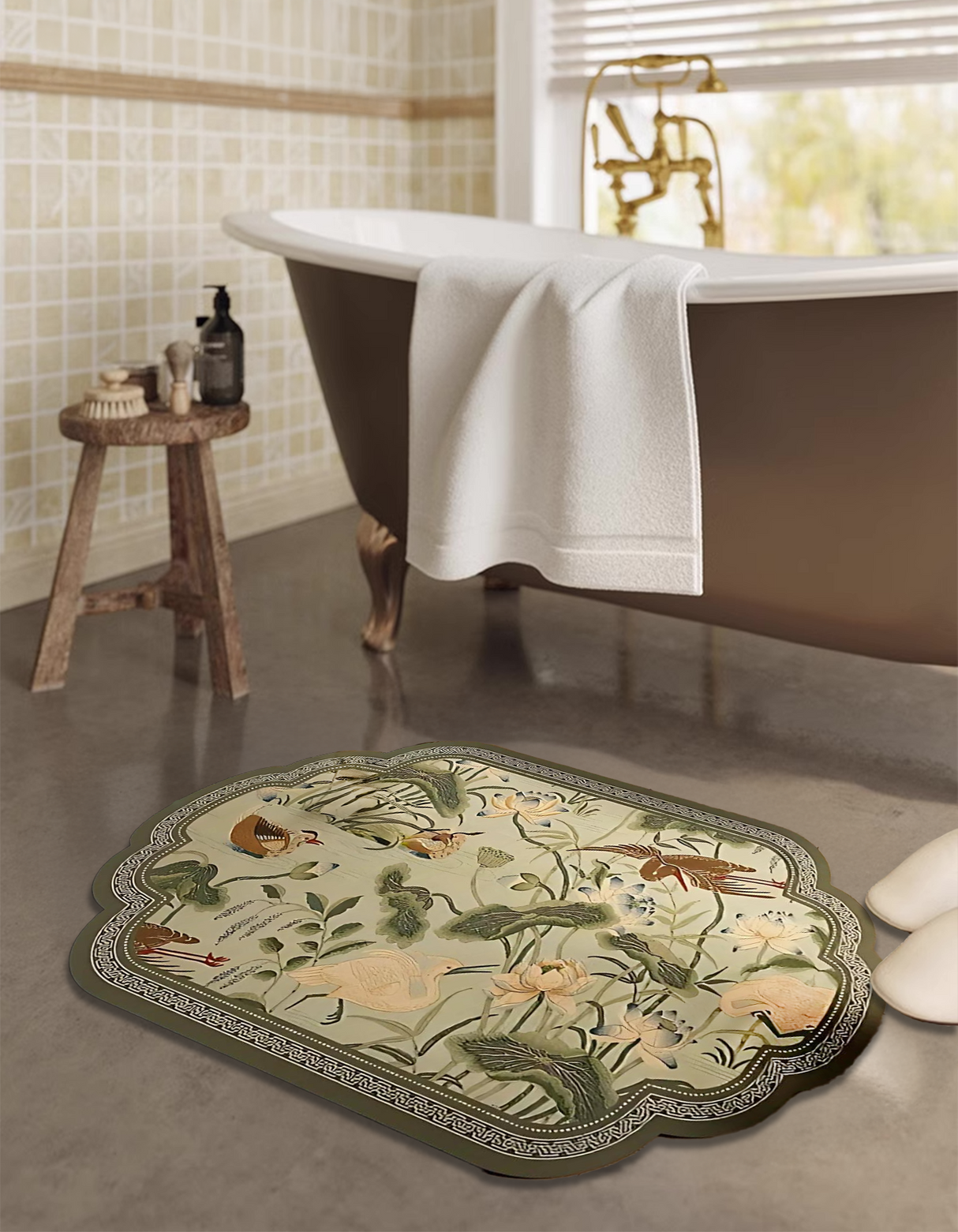 pondside serenity bath mat in front of bath tub