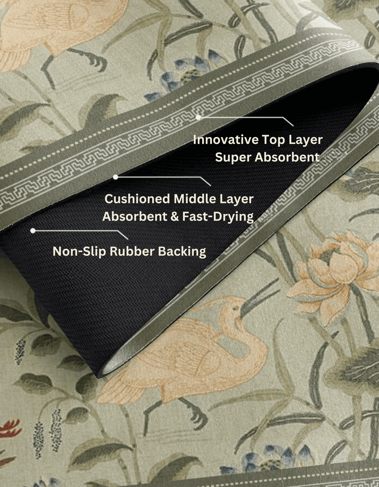 pondside serenity bath mat in front of black marbled bath tub, in a calm and serene setting