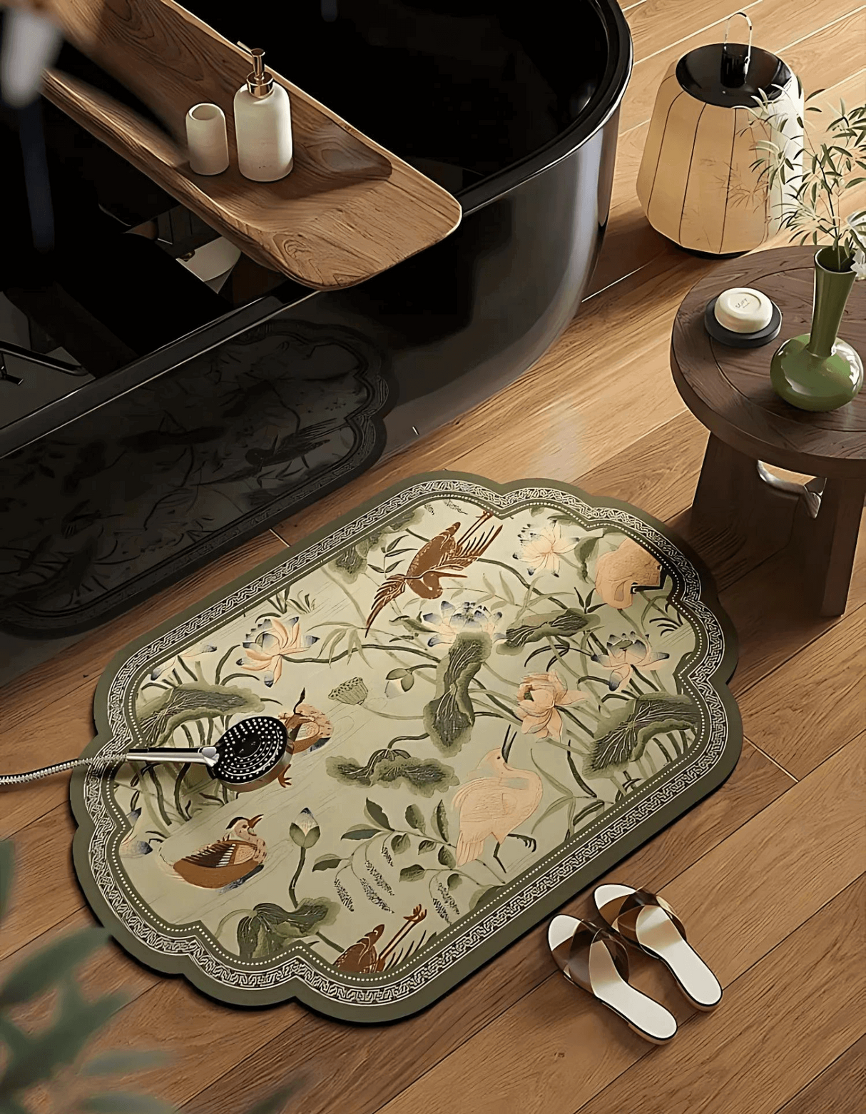 pondside serenity bath mat in front of black marbled bath tub, in a calm and serene setting