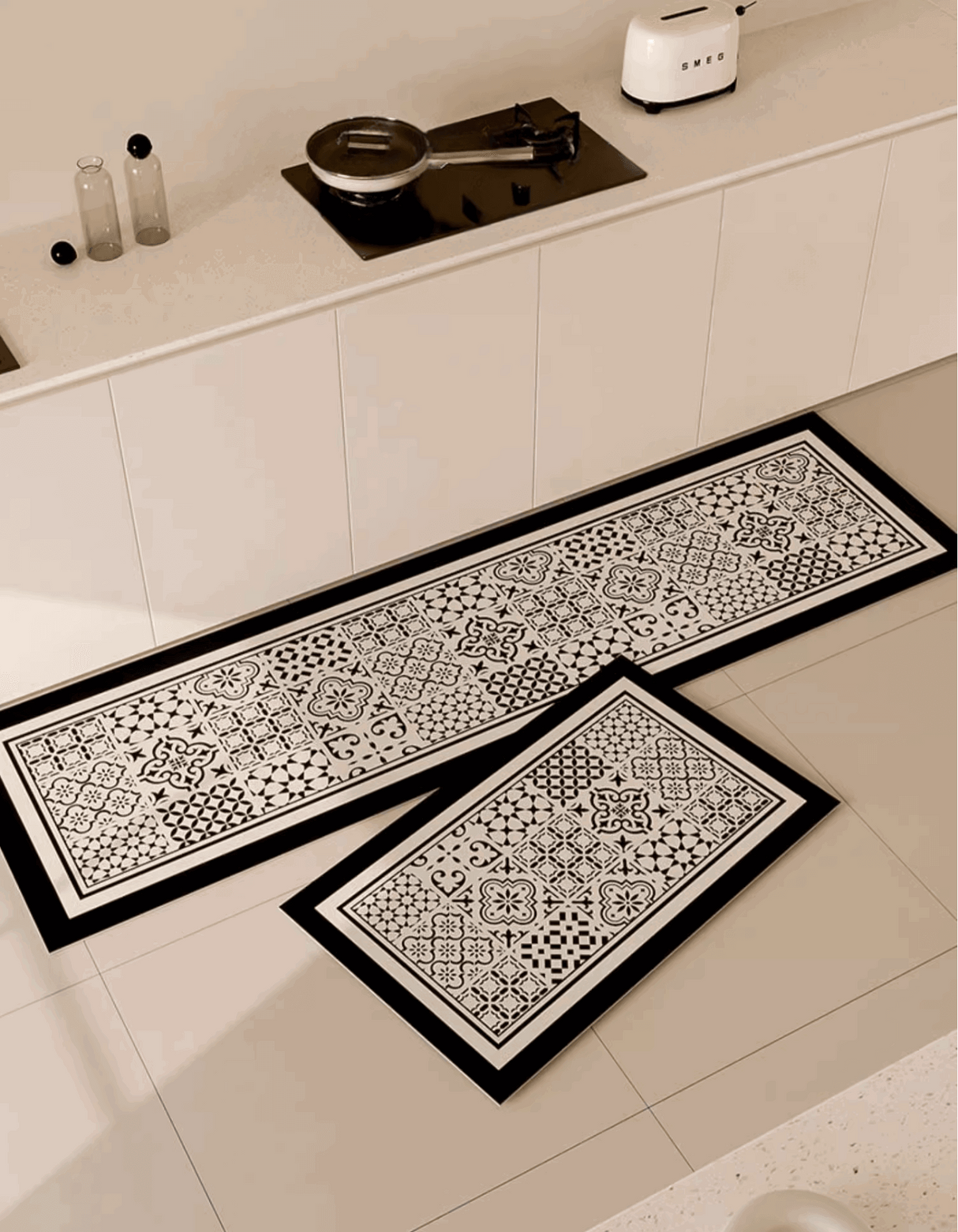 The Classic Patchwork Kitchen Mat features a geometric mosaic tile pattern that complements your home decor. It also prevents accidental slips and spills in the kitchen.