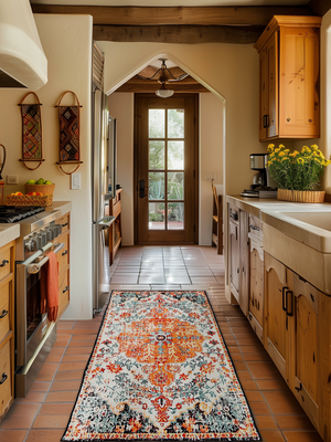 Boho Machine Washable Orange Kitchen Runner