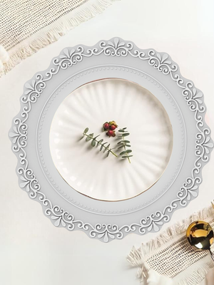 French-Style Silicone Round Place Mat with Lace Details - Mercury Grey