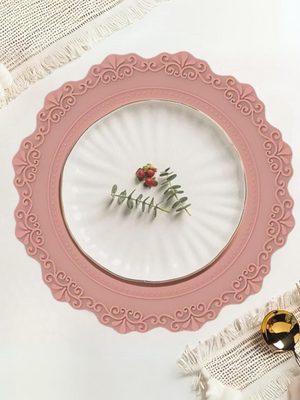 French-Style Silicone Round Place Mat with Lace Details - Dusty Pink