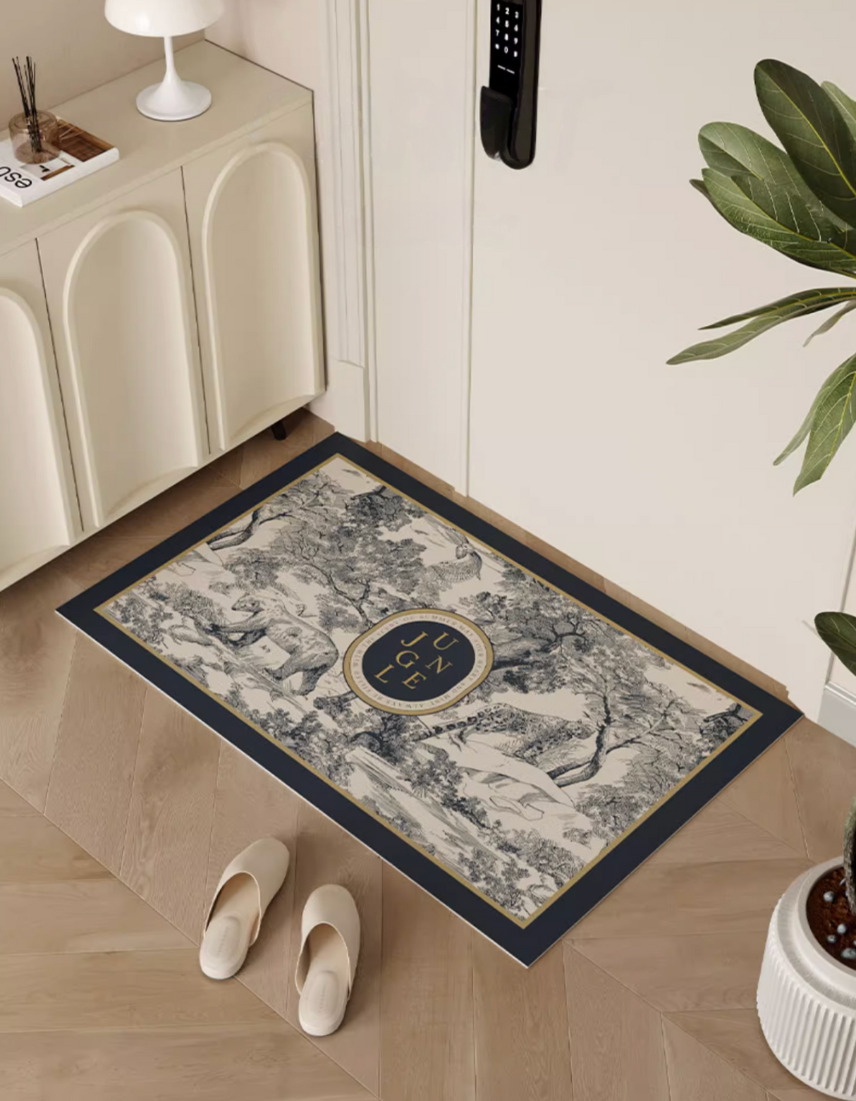 Elevate your entryway with stylish French-inspired, exotic jungle-animal themed Blue Jungle Door Mat. Waterproof, durable & non-slip "Toile de Jouy" print vinyl rug.