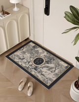 Elevate your entryway with stylish French-inspired, exotic jungle-animal themed Blue Jungle Door Mat. Waterproof, durable & non-slip "Toile de Jouy" print vinyl rug.