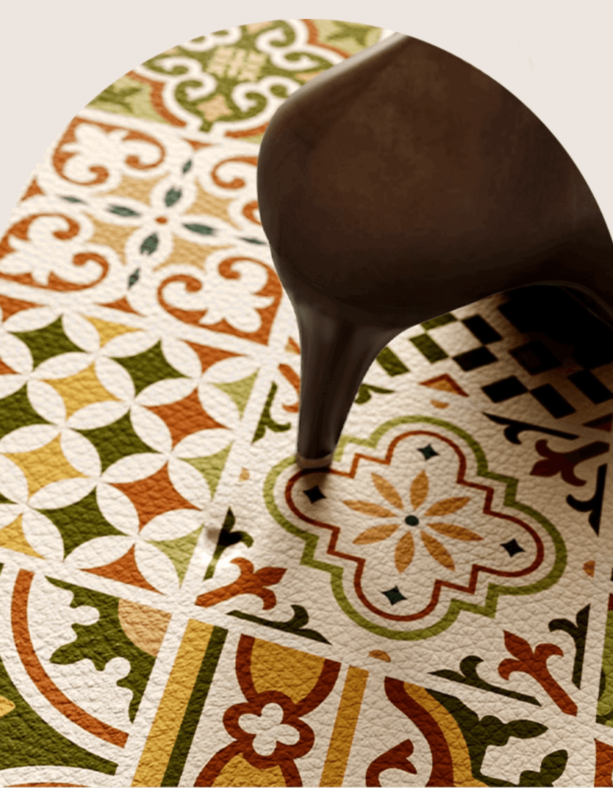 Mexican Tile Door Mat with terra and green colour, adds a touch of exotic charm to your entryway. Waterproof, durable & non-slip ceramic tile style vinyl doormat.