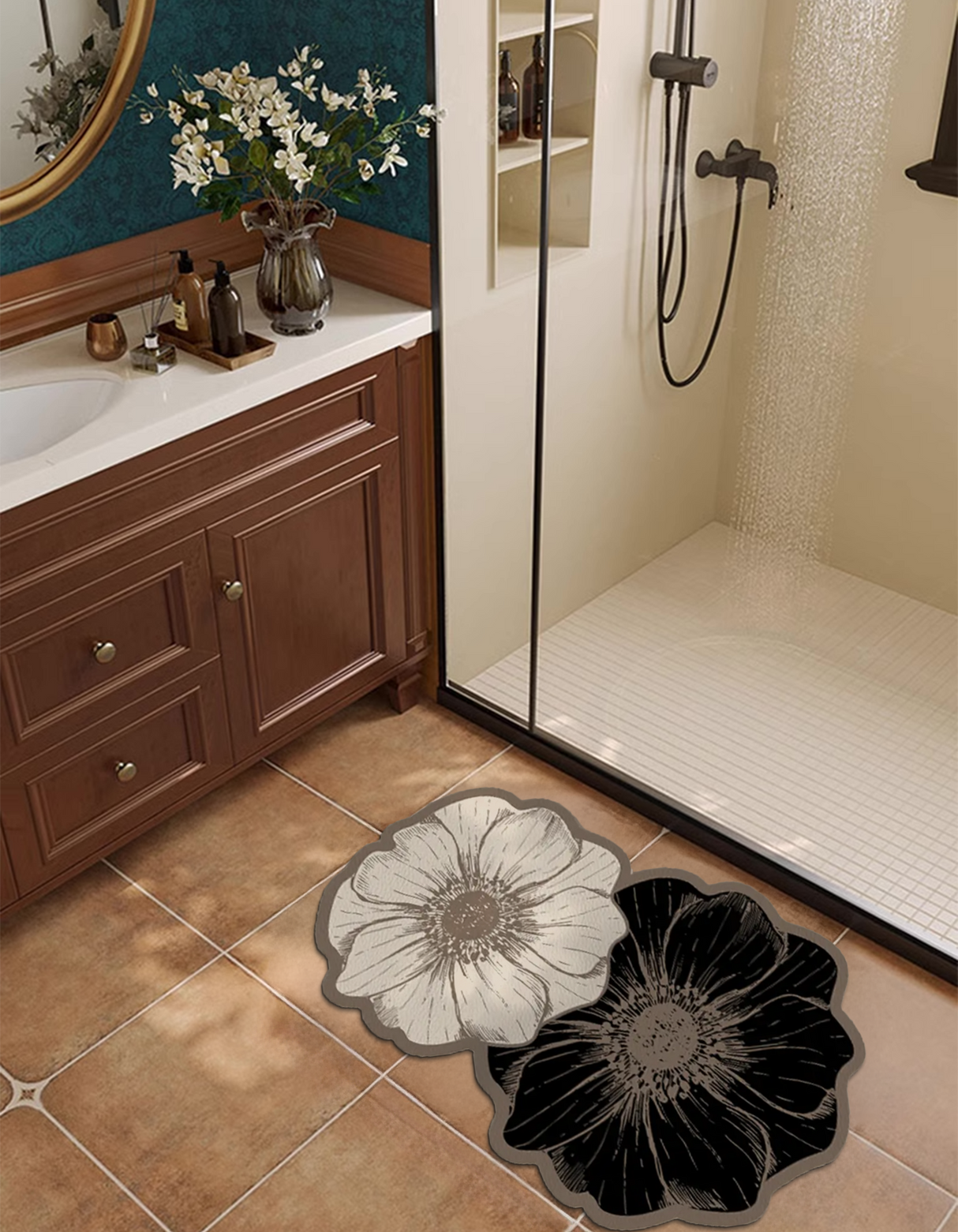 petals and roses bath mat beige and black on tile bathroom floor